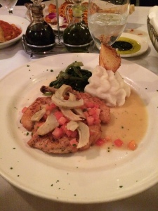 Pre-race dinner: Chicken with artichoke & tomatoes, with greens & mashed potatoes